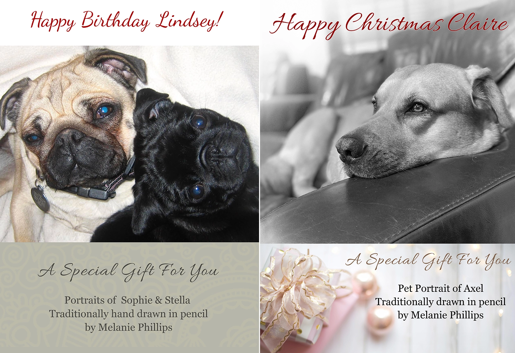 A special Christmas and birthday pet portrait gift voucher card by Melanie Phillips