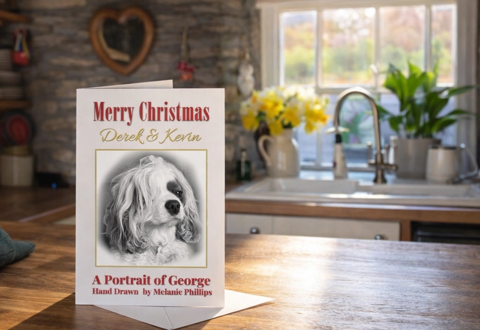 A personalised Christmas pet portrait gift voucher card by Melanie Phillips