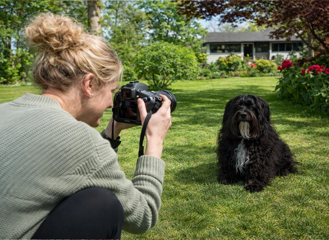 Melanie taking photos of Lily in our garden with our studio in the background