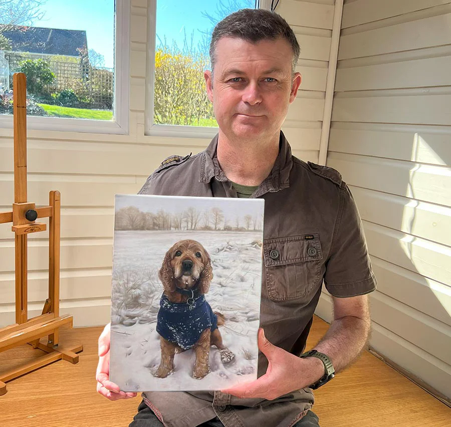 Nicholas Beall with commissioned painting for John Nettles Nicholas Beall presenting a framed pet portrait to actor John Nettles