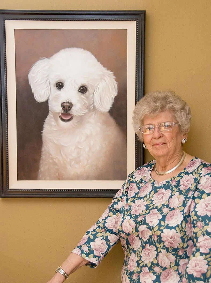Oversized oil portrait by Nicholas Beall, showcasing its grand scale Large oil pet portrait on linen canvas displayed with its proud owner