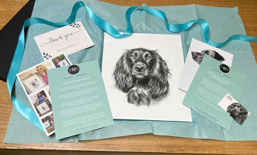 Pencil Portrait Packaging Example 1 A carefully packaged pencil pet portrait in a presentation box with ribbon.
