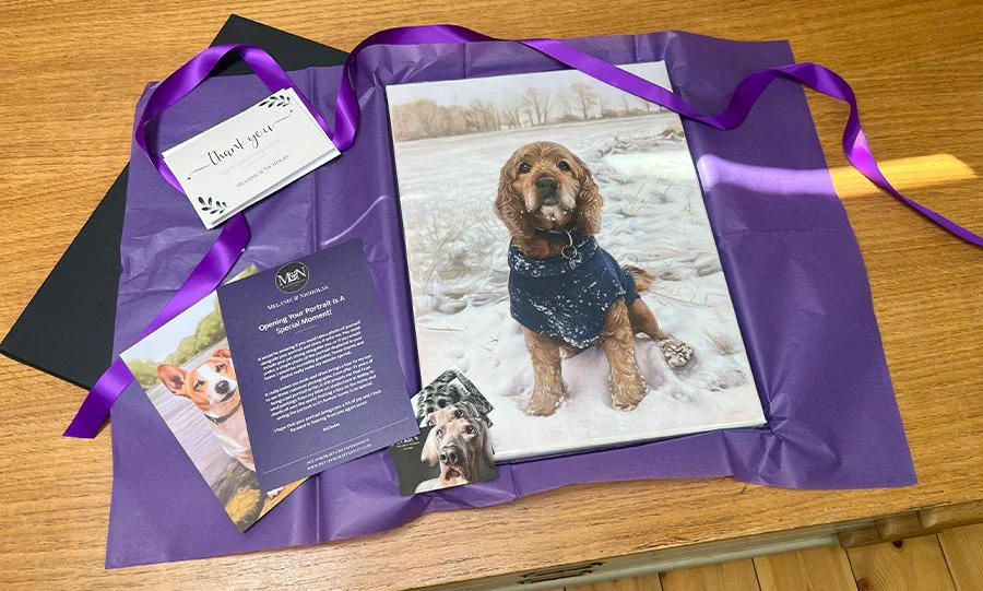 Pencil Portrait Packaging Example 3 An open package showing a framed pet portrait nestled securely within protective foam.