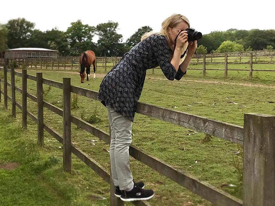 Melanie taking photos for traditional pet portrait commissions Melanie photographing horses for pet portrait reference photos