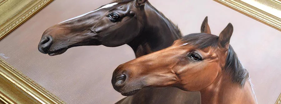 Examples of horse portraits in oils, including double commissions Two framed horse oil portraits by Nicholas Beall, highlighting different subjects