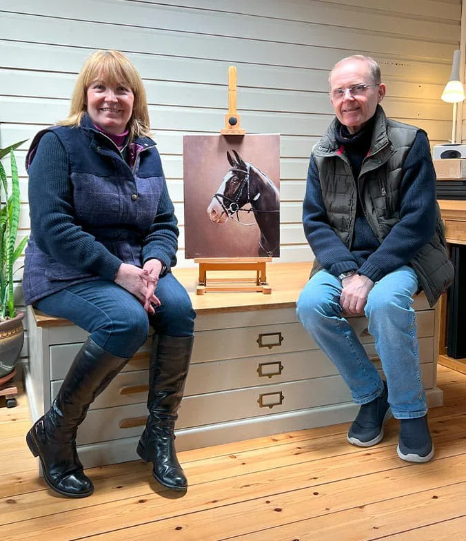 Studio visit for horse portrait collection with David, Caroline and Elmo Clients David and Caroline collecting their horse oil portrait of Elmo at the studio