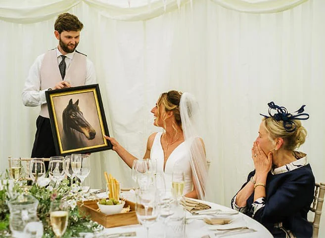 Wedding pet portrait of horse Assy gifted to James and Emma James and Emma with their wedding gift oil portrait of Assy, a horse, by Nicholas Beall