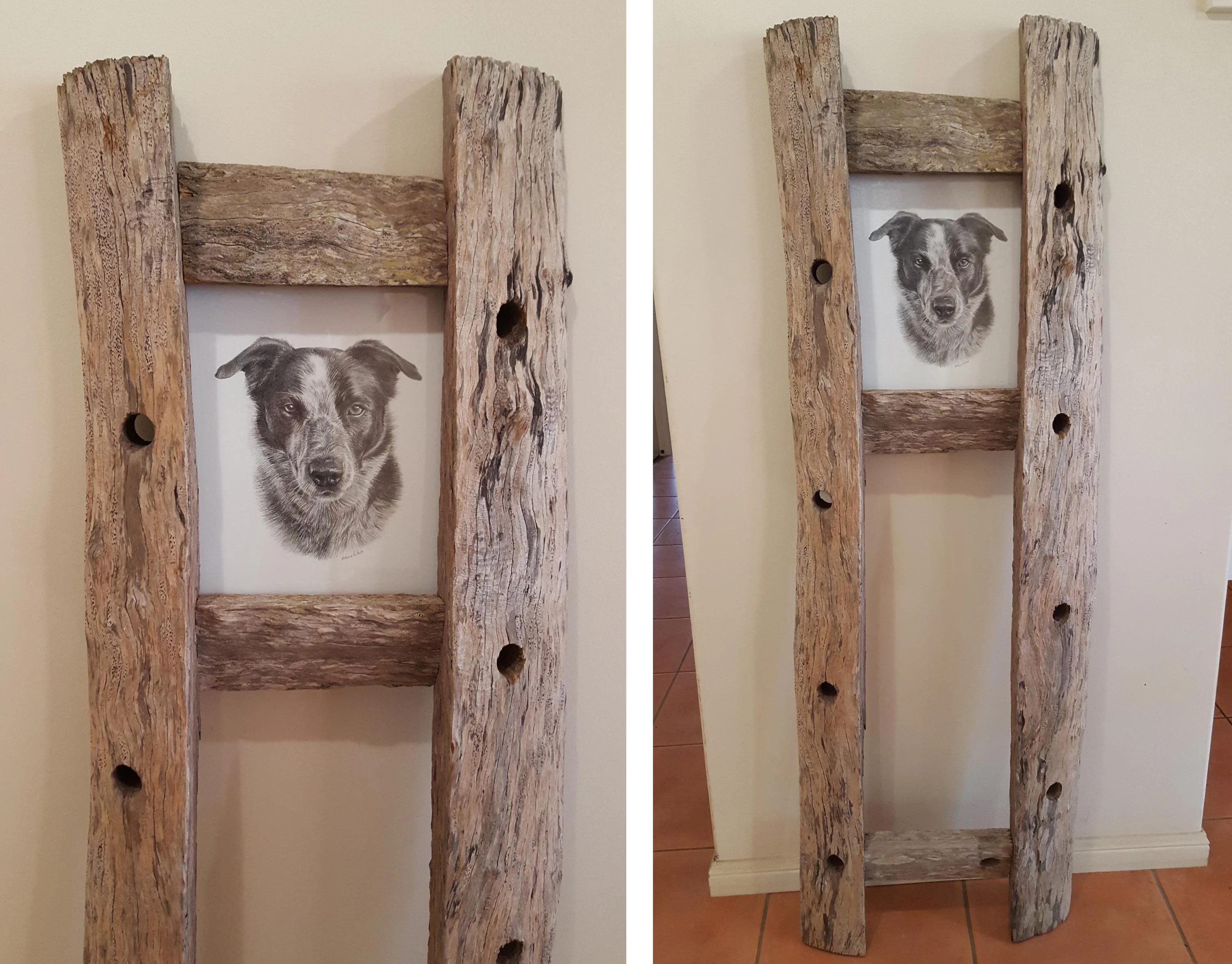 Rustic Framed Border Collie Pencil Portrait – Pet Artwork by Melanie Phillips A pencil portrait of a Border Collie dog displayed within a unique, rustic handmade frame crafted from old fence posts.