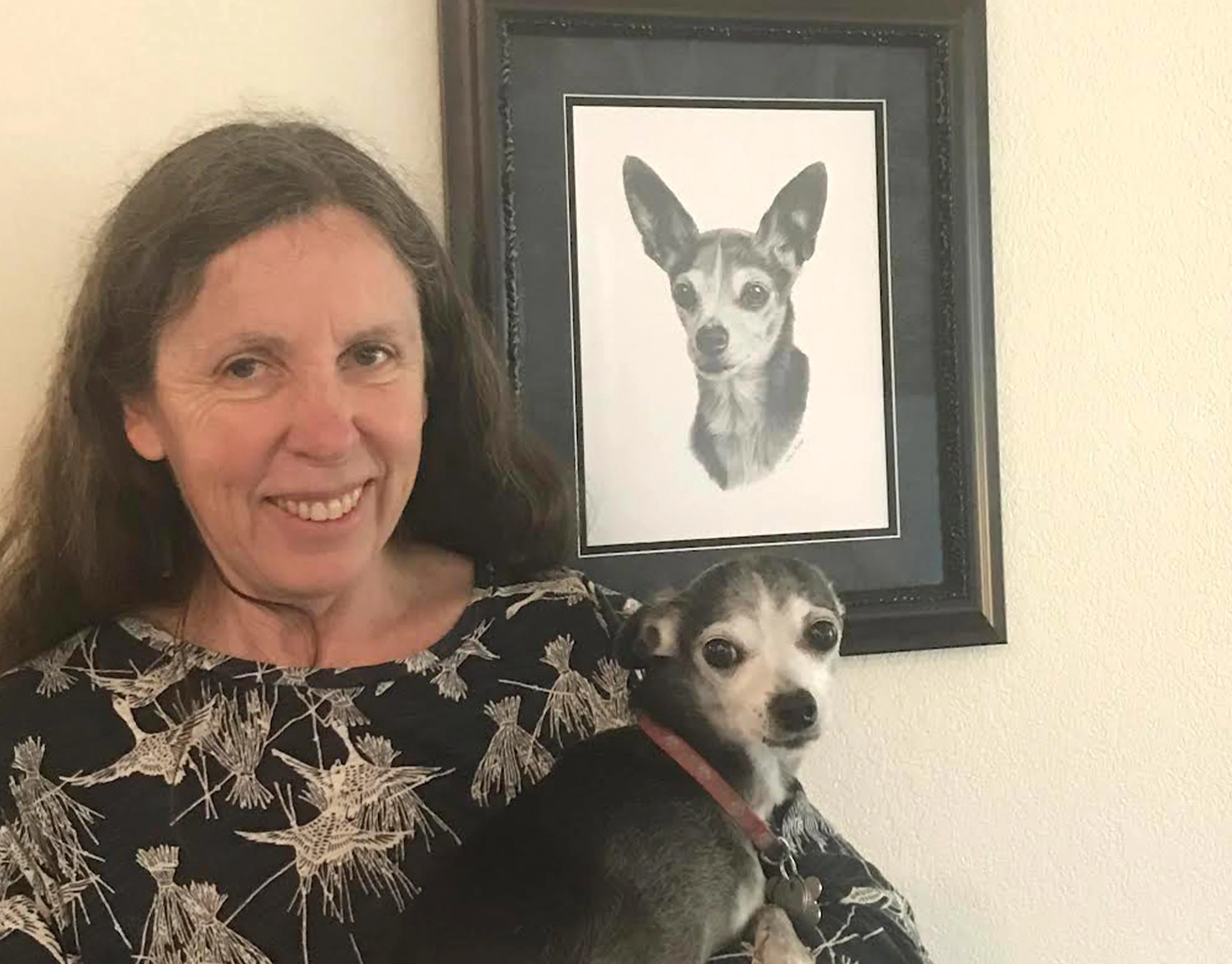 Chihuahua Dog Portrait in Pencil by Melanie Phillips – Lifelike Graphite Drawing Classic pencil drawing of a Chihuahua (Jasper) with expressive ears and large eyes, with three Faber-Castell pencils resting beside the artwork.