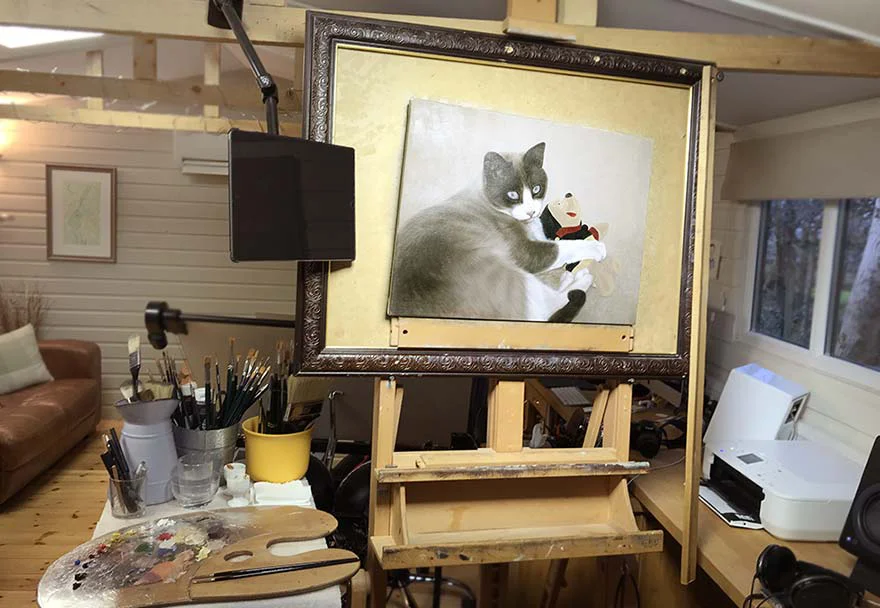 Nicholas’s iPad mounted to a studio beam, used for displaying large reference photos at eye level while painting.