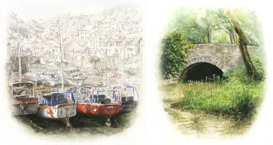 Early Watercolour Paintings by Nicholas Two early watercolor paintings by Nicholas Beall from his teenage years: Polperro harbor and a landscape study of Respryn, Cornwall.