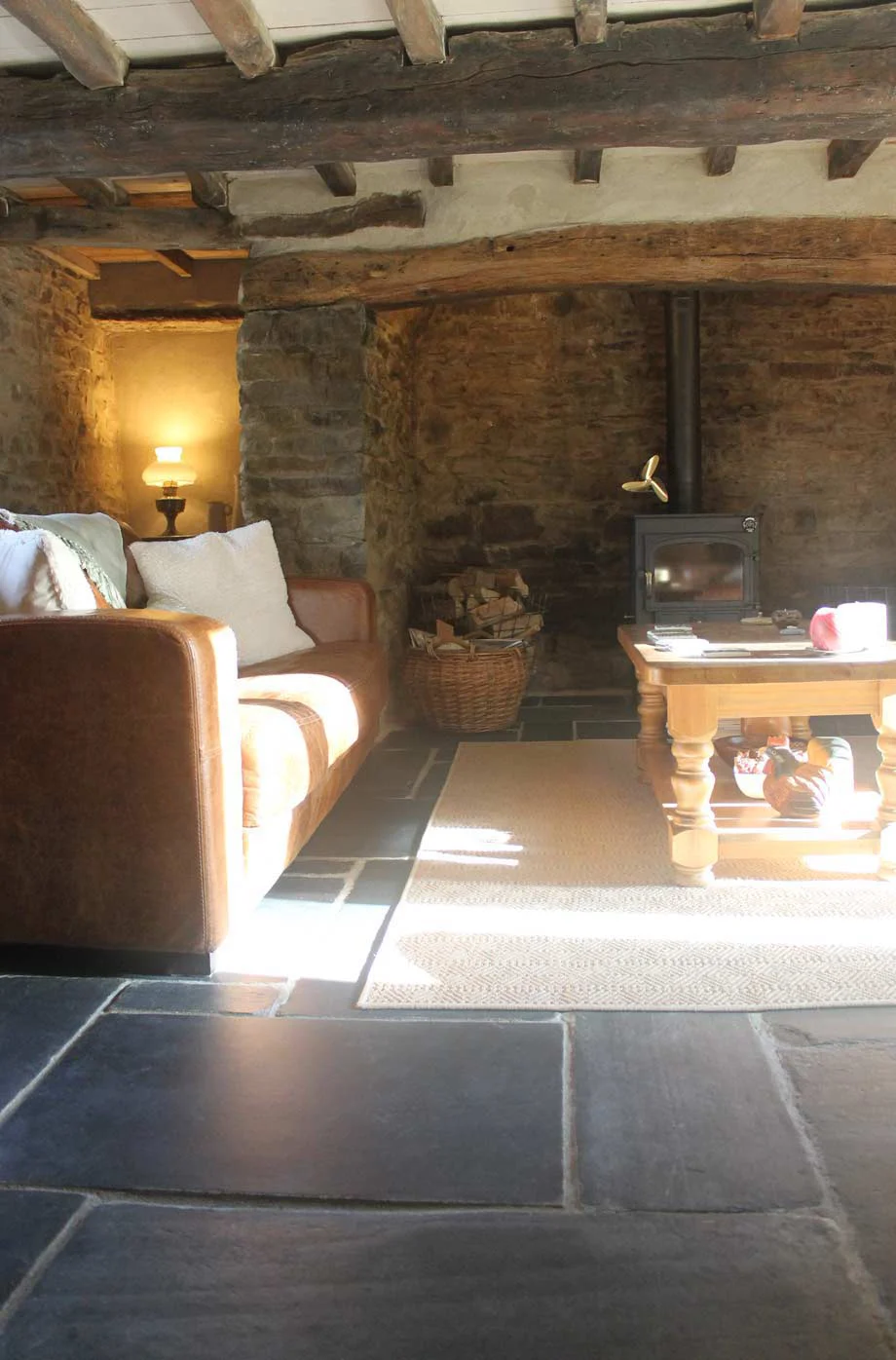 Our Welsh Cottage Living Room Warm and inviting Welsh cottage living room with a large inglenook fireplace and slate flagstone floor.